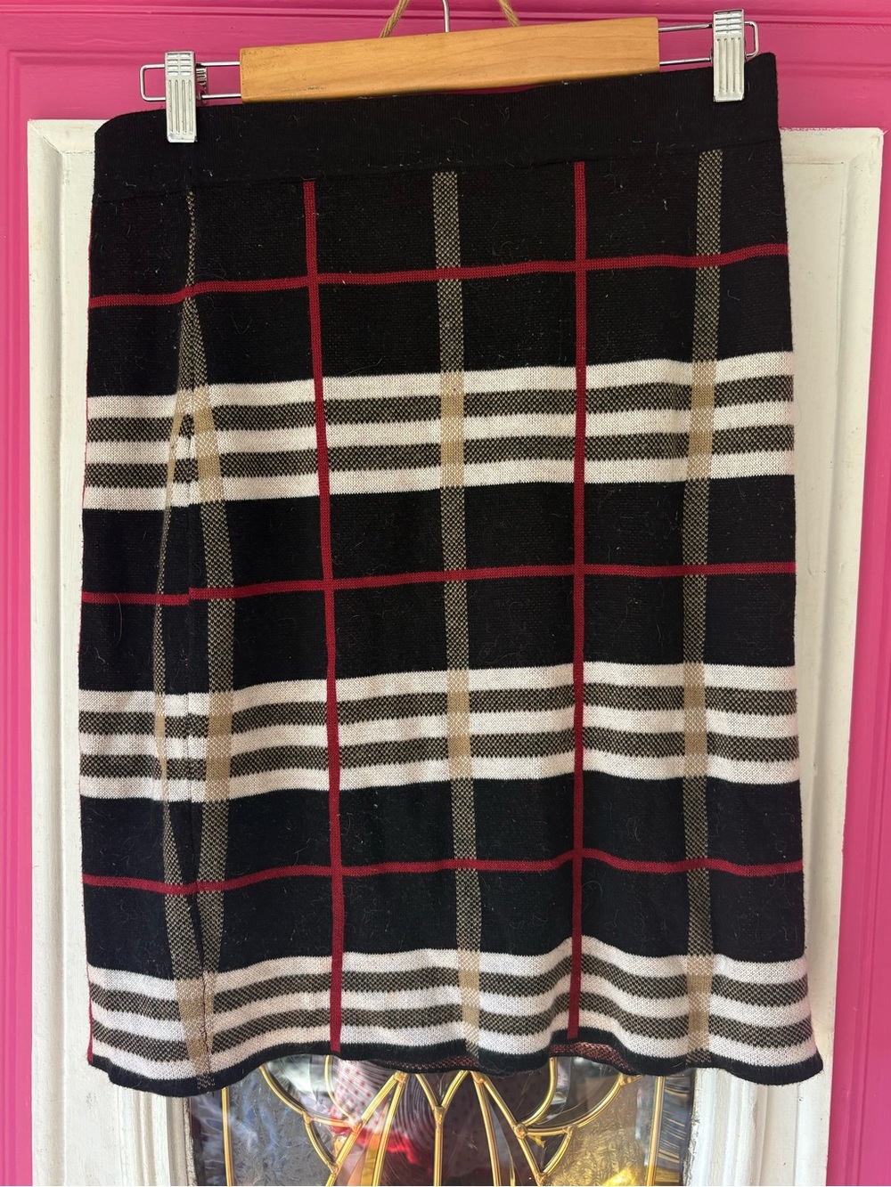Melissa Paige Black Plaid Pencil Skirt with Red and Cream Stripes